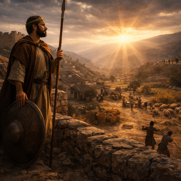 An ancient Israelite hill settlement at sunrise with a vigilant warrior on a stone wall and a peaceful, fruitful community below, reflecting Psalm 144’s deliverance and blessing.