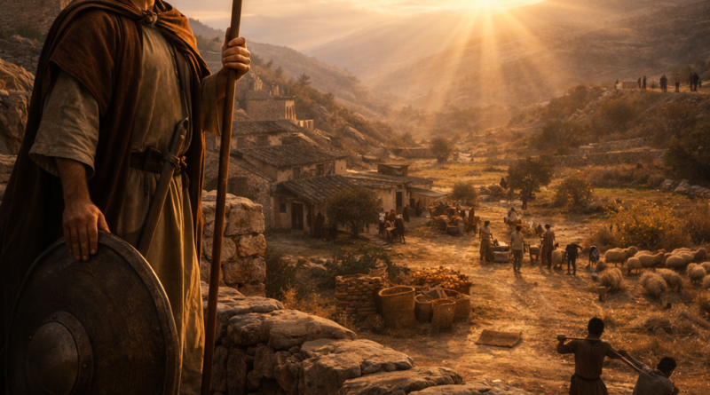 An ancient Israelite hill settlement at sunrise with a vigilant warrior on a stone wall and a peaceful, fruitful community below, reflecting Psalm 144’s deliverance and blessing.