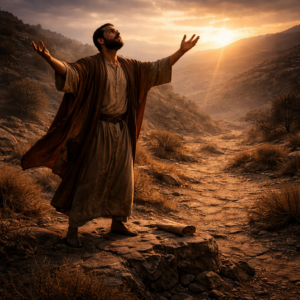 A standing Israelite man in a dry wilderness valley lifts open hands toward the dawn light, expressing Psalm 143’s thirst for God and plea for guidance.