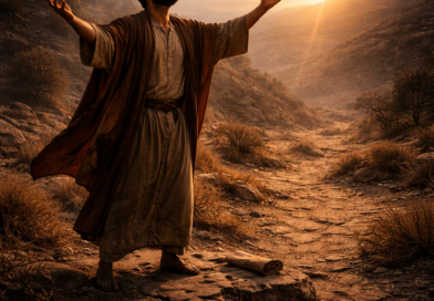A standing Israelite man in a dry wilderness valley lifts open hands toward the dawn light, expressing Psalm 143’s thirst for God and plea for guidance.
