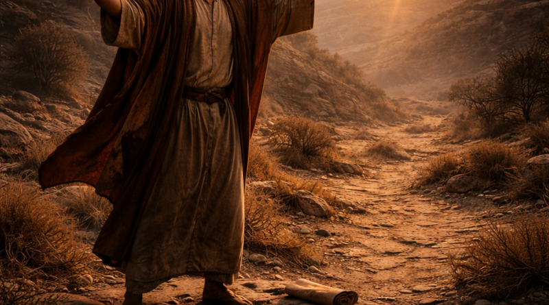 A standing Israelite man in a dry wilderness valley lifts open hands toward the dawn light, expressing Psalm 143’s thirst for God and plea for guidance.