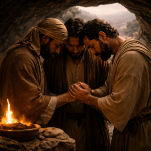 A lone man prays inside a Judean wilderness cave with faint snares near the entrance, expressing Psalm 142’s cry for refuge and deliverance.