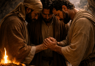 A lone man prays inside a Judean wilderness cave with faint snares near the entrance, expressing Psalm 142’s cry for refuge and deliverance.