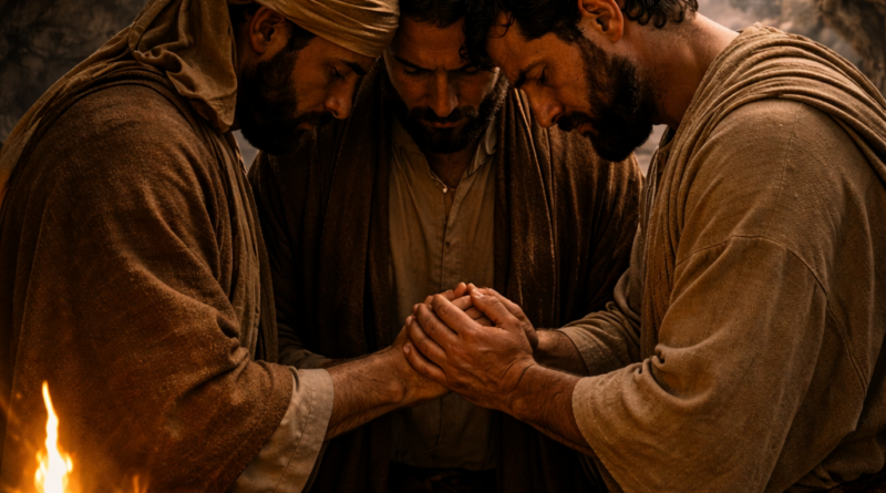 A lone man prays inside a Judean wilderness cave with faint snares near the entrance, expressing Psalm 142’s cry for refuge and deliverance.