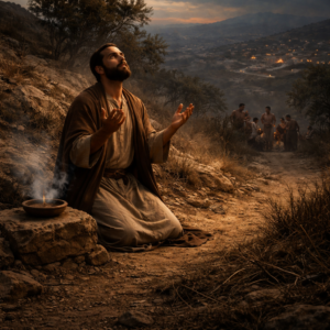 A man in ancient Israel kneels at dusk in prayer beside a small offering ember, avoiding wicked company and hidden snares, inspired by Psalm 141.