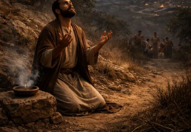 A man in ancient Israel kneels at dusk in prayer beside a small offering ember, avoiding wicked company and hidden snares, inspired by Psalm 141.