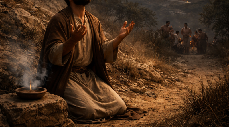 A man in ancient Israel kneels at dusk in prayer beside a small offering ember, avoiding wicked company and hidden snares, inspired by Psalm 141.