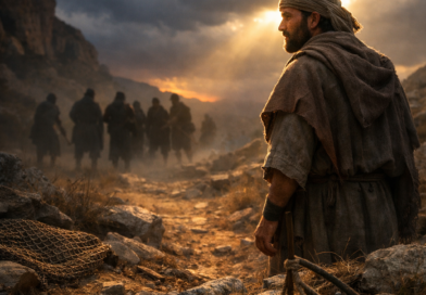 Photorealistic biblical-era scene of a man praying for the LORD’s protection from violent enemies and hidden snares (Psalm 140).