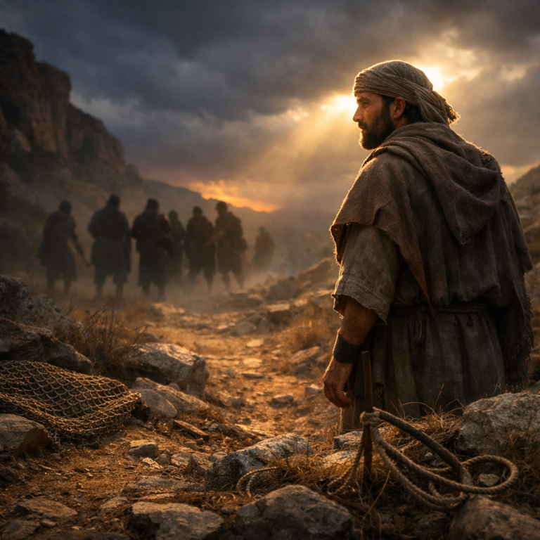 Photorealistic biblical-era scene of a man praying for the LORD’s protection from violent enemies and hidden snares (Psalm 140).