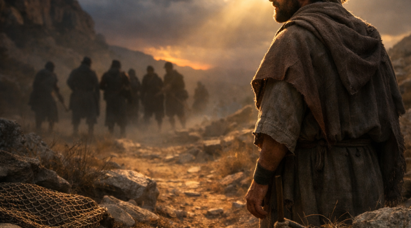 Photorealistic biblical-era scene of a man praying for the LORD’s protection from violent enemies and hidden snares (Psalm 140).