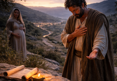 Biblical-era man praying on a hillside at pre-dawn with a lamp and scroll nearby, symbolizing Psalm 139’s plea for God to search the heart and lead forever.