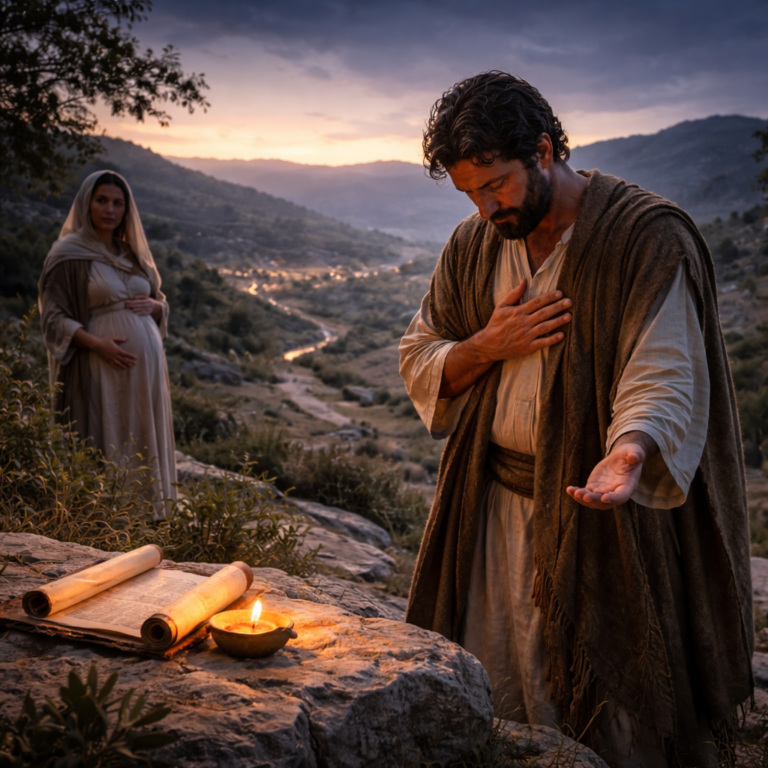 Biblical-era man praying on a hillside at pre-dawn with a lamp and scroll nearby, symbolizing Psalm 139’s plea for God to search the heart and lead forever.