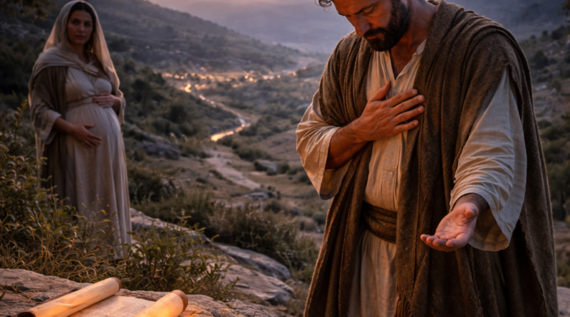 Biblical-era man praying on a hillside at pre-dawn with a lamp and scroll nearby, symbolizing Psalm 139’s plea for God to search the heart and lead forever.