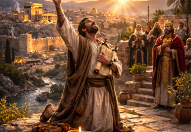 Humble Israelite worshiper giving thanks at sunrise while holding a scroll, with distant leaders observing, reflecting Psalm 138’s praise and trust in God’s purpose.