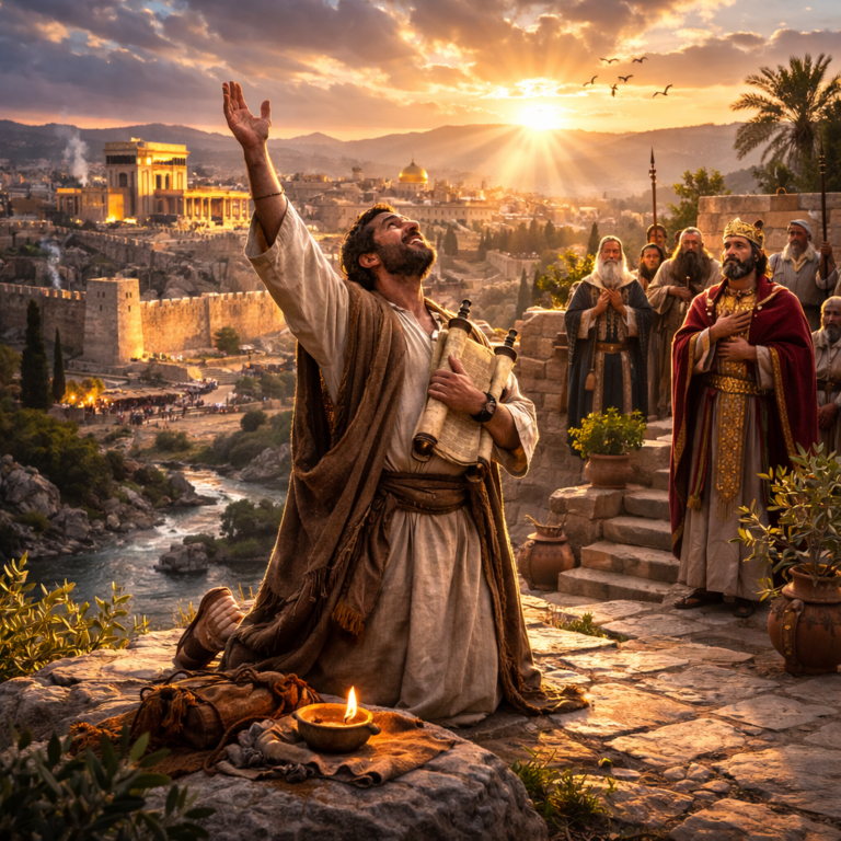 Humble Israelite worshiper giving thanks at sunrise while holding a scroll, with distant leaders observing, reflecting Psalm 138’s praise and trust in God’s purpose.