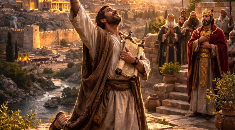 Humble Israelite worshiper giving thanks at sunrise while holding a scroll, with distant leaders observing, reflecting Psalm 138’s praise and trust in God’s purpose.