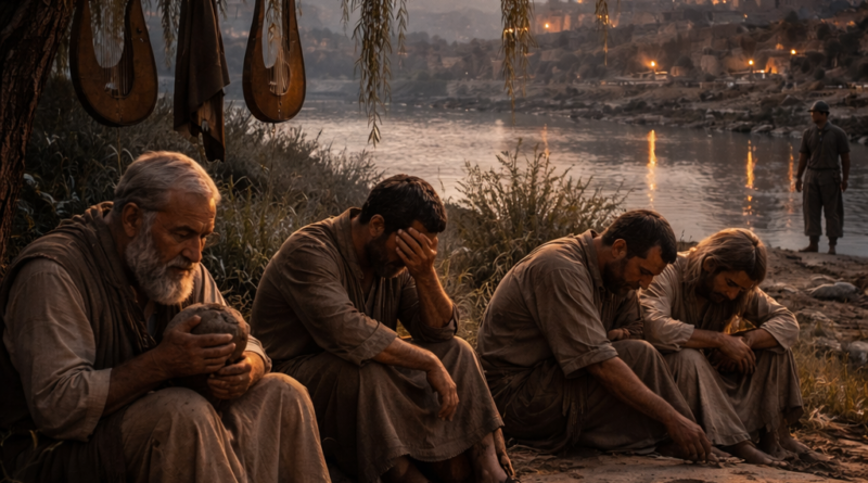 Exiled Israelites mourning by Babylon’s river with harps hung on willow branches, longing for Zion and remembering Jerusalem in Psalm 137.