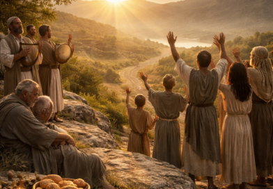 Israelite worshipers giving thanks at sunrise in a wilderness landscape, with bread and lamp symbolizing God’s enduring mercy and provision in Psalm 136.