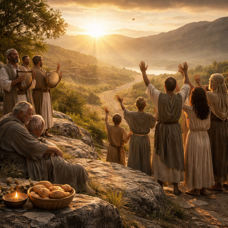 Israelite worshipers giving thanks at sunrise in a wilderness landscape, with bread and lamp symbolizing God’s enduring mercy and provision in Psalm 136.