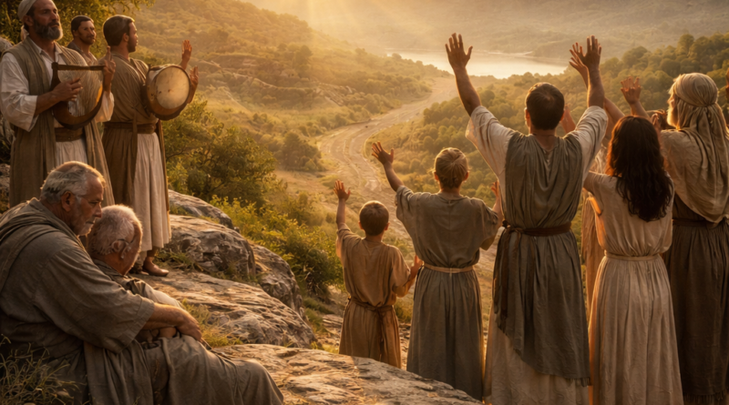 Israelite worshipers giving thanks at sunrise in a wilderness landscape, with bread and lamp symbolizing God’s enduring mercy and provision in Psalm 136.