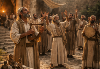 Ancient Israelite worshipers praising the Lord near the temple while neglected carved idols sit in the background, reflecting Psalm 135’s call to living worship.