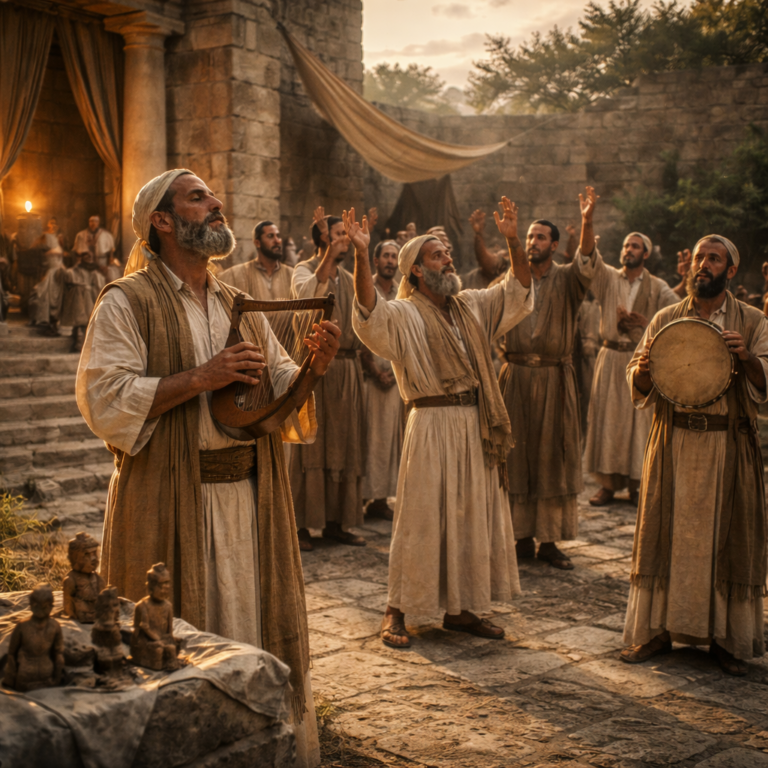 Ancient Israelite worshipers praising the Lord near the temple while neglected carved idols sit in the background, reflecting Psalm 135’s call to living worship.