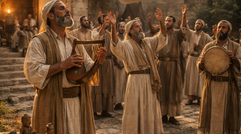 Ancient Israelite worshipers praising the Lord near the temple while neglected carved idols sit in the background, reflecting Psalm 135’s call to living worship.