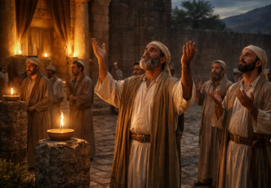 Biblical-era temple servants blessing the Lord at night with lifted hands in the sanctuary court, reflecting Psalm 134’s call to worship and receive blessing.