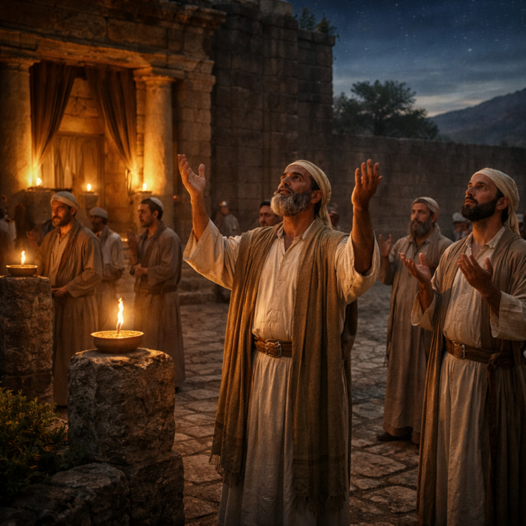 Biblical-era temple servants blessing the Lord at night with lifted hands in the sanctuary court, reflecting Psalm 134’s call to worship and receive blessing.
