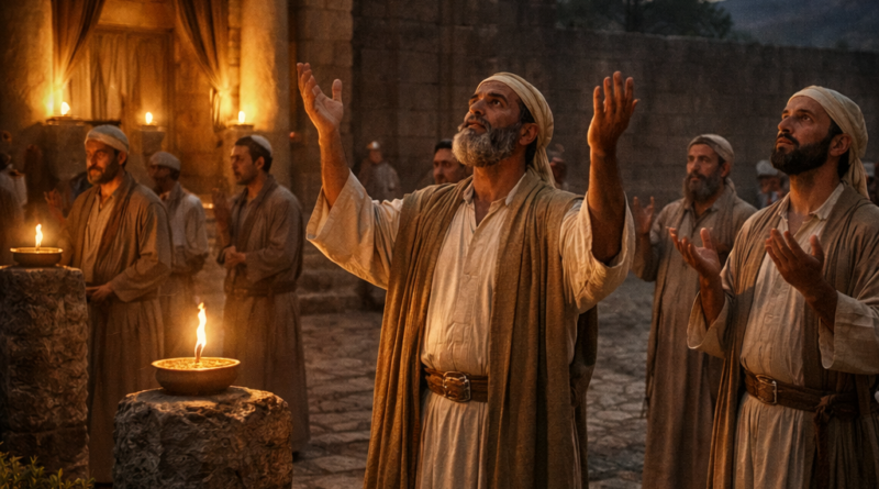 Biblical-era temple servants blessing the Lord at night with lifted hands in the sanctuary court, reflecting Psalm 134’s call to worship and receive blessing.