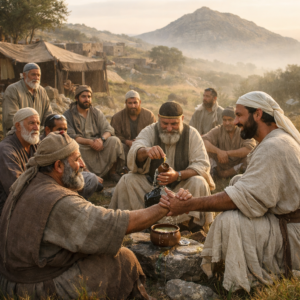 Psalm 133 — The Beauty of Godly Unity - Holy Bible | Evangelium Of Grace Biblical-era believers reconciled in peaceful unity near Zion, with symbolic anointing oil and morning dew reflecting Psalm 133’s commanded blessing.