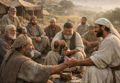 Biblical-era believers reconciled in peaceful unity near Zion, with symbolic anointing oil and morning dew reflecting Psalm 133’s commanded blessing.