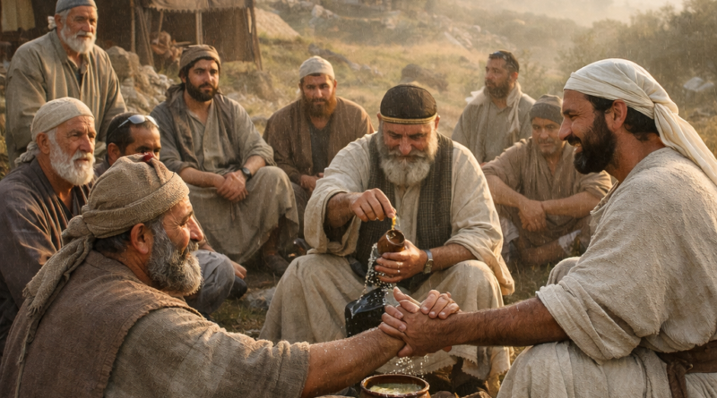 Biblical-era believers reconciled in peaceful unity near Zion, with symbolic anointing oil and morning dew reflecting Psalm 133’s commanded blessing.