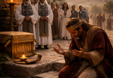 Davidic king praying on stone steps near Zion as priests stand with a covered ark, lamp, and shofar, reflecting Psalm 132 covenant and God’s chosen dwelling.