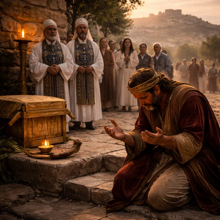 Davidic king praying on stone steps near Zion as priests stand with a covered ark, lamp, and shofar, reflecting Psalm 132 covenant and God’s chosen dwelling.