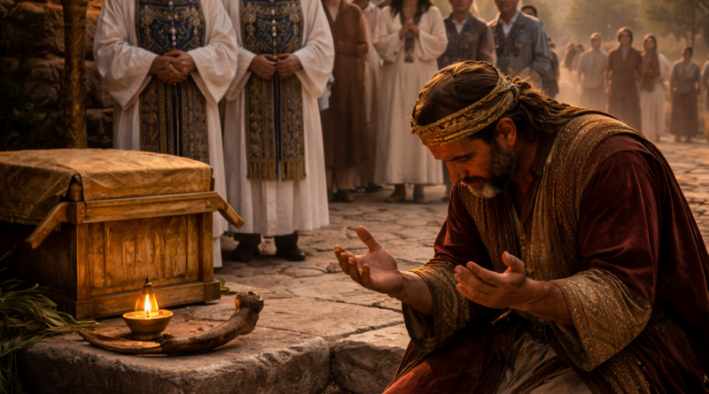 Davidic king praying on stone steps near Zion as priests stand with a covered ark, lamp, and shofar, reflecting Psalm 132 covenant and God’s chosen dwelling.