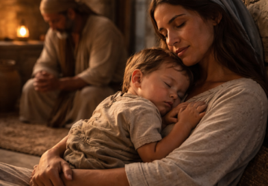 Weaned child resting peacefully on a mother’s shoulder in a biblical-era home, reflecting Psalm 131 humility and a quiet soul trusting the Lord.