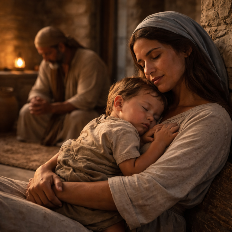 Weaned child resting peacefully on a mother’s shoulder in a biblical-era home, reflecting Psalm 131 humility and a quiet soul trusting the Lord.