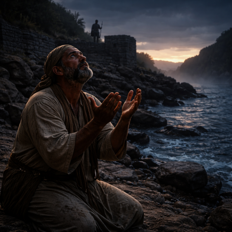 Repentant man praying in darkness near deep waters as dawn breaks, with a watchman waiting on a stone wall, symbolizing Psalm 130 hope and forgiveness.