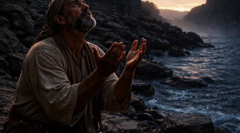 Repentant man praying in darkness near deep waters as dawn breaks, with a watchman waiting on a stone wall, symbolizing Psalm 130 hope and forgiveness.