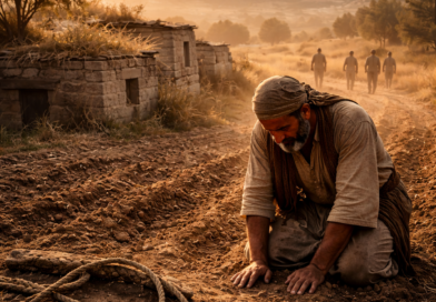 Praying Israelite in a furrowed field with a snapped yoke and withering rooftop grass, symbolizing Psalm 129 endurance and God’s justice for Zion.