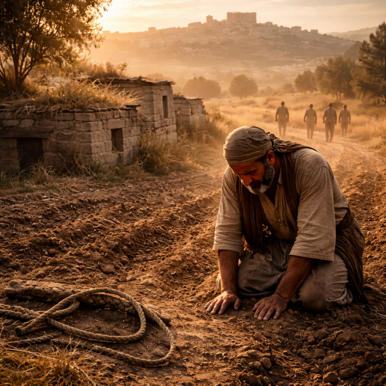 Praying Israelite in a furrowed field with a snapped yoke and withering rooftop grass, symbolizing Psalm 129 endurance and God’s justice for Zion.