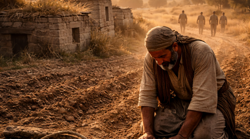 Praying Israelite in a furrowed field with a snapped yoke and withering rooftop grass, symbolizing Psalm 129 endurance and God’s justice for Zion.