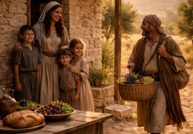 Biblical-era family by a humble table with olives and bread near their home, reflecting Psalm 128 blessing for those who fear the Lord.