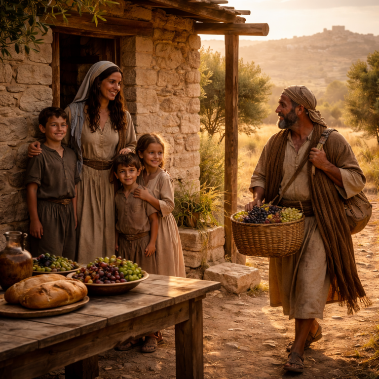 Biblical-era family by a humble table with olives and bread near their home, reflecting Psalm 128 blessing for those who fear the Lord.