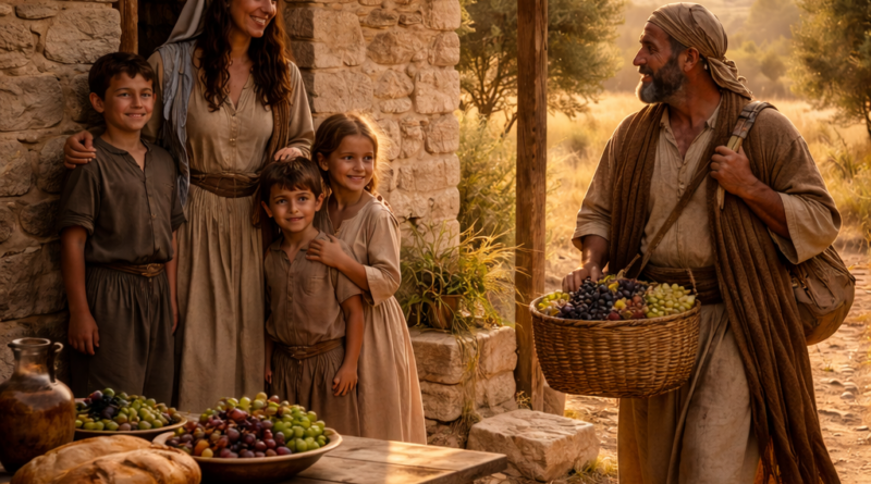 Biblical-era family by a humble table with olives and bread near their home, reflecting Psalm 128 blessing for those who fear the Lord.