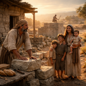 Biblical-era builder pausing at a house with a peaceful family and a watchman on the wall, reflecting Psalm 127 dependence on the Lord.
