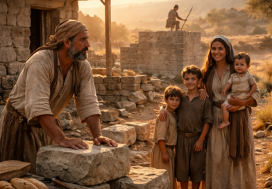 Biblical-era builder pausing at a house with a peaceful family and a watchman on the wall, reflecting Psalm 127 dependence on the Lord.
