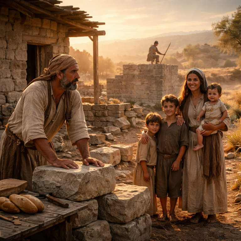 Biblical-era builder pausing at a house with a peaceful family and a watchman on the wall, reflecting Psalm 127 dependence on the Lord.