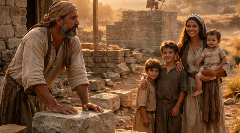 Biblical-era builder pausing at a house with a peaceful family and a watchman on the wall, reflecting Psalm 127 dependence on the Lord.